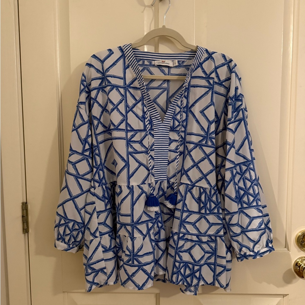 Vineyard Vines Bamboo Lattice Marlin Blue/White Top size XL